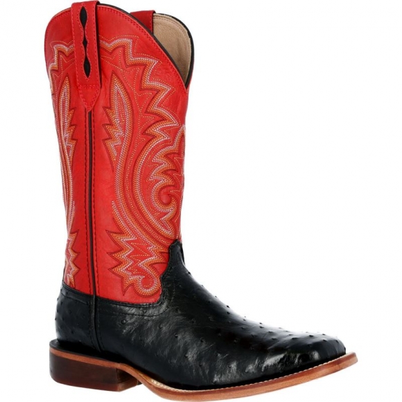 Durango Men's Premium Exotics Fiery Red Full-Quill Ostrich Western Boot-Black Ostrich And Fiery Red