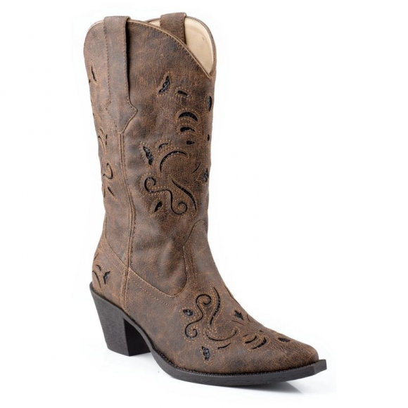 ROPER | WOMEN'S FASHION COWBOY BOOT BROWN FAUX LEATHER WITH BLACK GLITTER UNDERLAY-BROWN