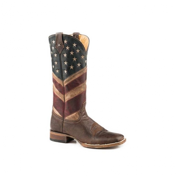 ROPER | WOMEN'S AMERICAN FLAG LEATHER COWBOY BOOT BURNISHED TAN RED WHITE AND BLUE-BROWN