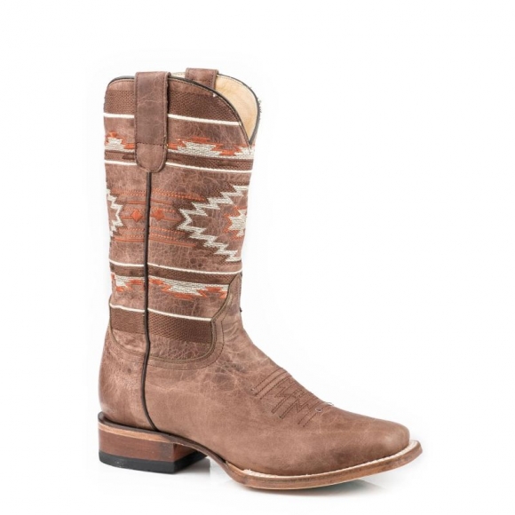 ROPER | WOMEN'S TAN LEATHER VAMP SHAFT BOOT WITH AZTEC EMBROIDERY ON SHAFT-BROWN