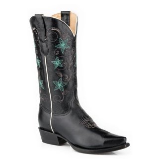 ROPER | WOMEN'S MARBLED BLACK LEATHER VAMP SHAFT BOOT WITH EMBROIDERED FLORAL SHAFT-BLACK