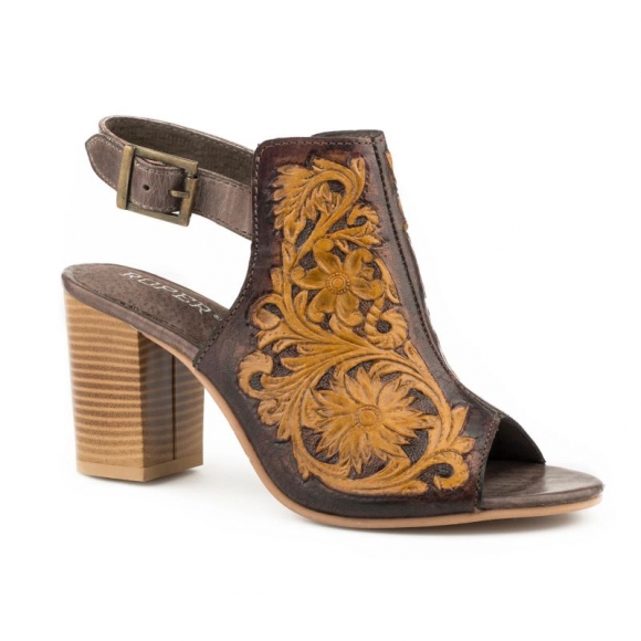 ROPER | WOMEN'S FASHION MULE BROWN FLORAL TOOLED LEATHER WITH OPEN TOE AND BACK STRAP-BROWN