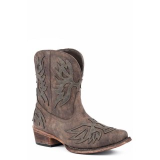 ROPER | WOMEN'S FASHION SHORTY BOOT BROWN FAUX LEATHER AND EAGLE OVERLAY-BROWN