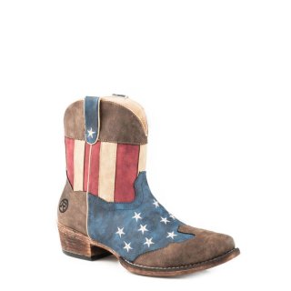 ROPER | WOMEN'S FASHION SHORTY BOOT BROWN WITH RED WHITE AND BLUE DISTRESSED FAUX LEATHER-BROWN