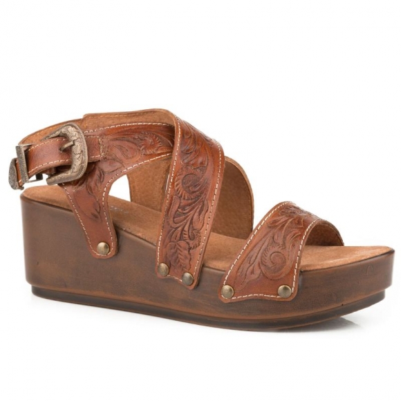 ROPER | WOMEN'S TAN TOOLED CROSS BAND STRAP WEDGE SANDAL-TAN