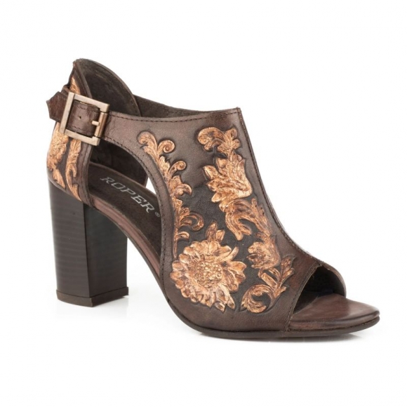 ROPER | WOMEN'S BROWN BEIGE FLORAL TOOLED LEATHER FASHION OPEN TOE SANDAL-BROWN