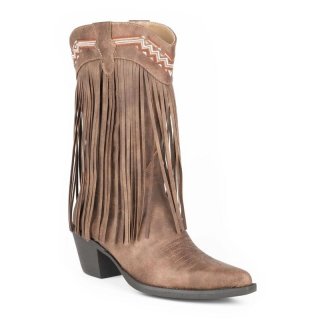 ROPER | WOMEN'S FASHION COWBOY BOOT BROWN FAUX LEATHER FRING AND EMBROIDERED DESIGN-BROWN