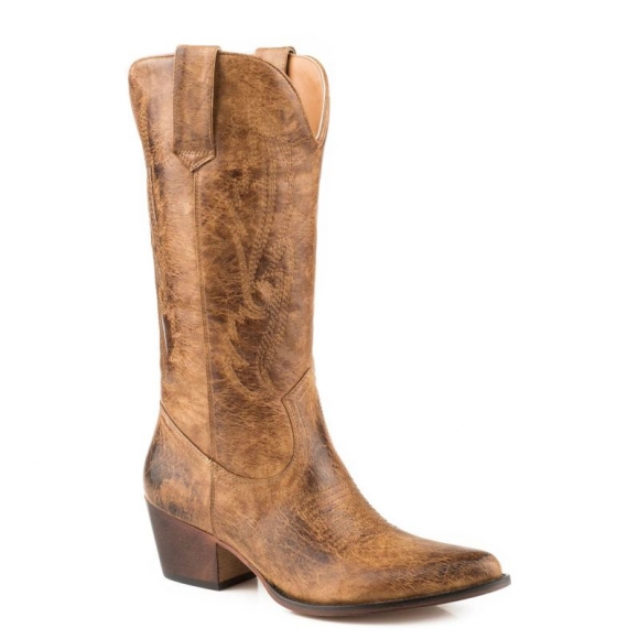 ROPER | WOMEN'S FASHION COWBOY BOOT BURNISHED TAN FAUX LEATHER WITH ALL OVER EMBROIDERY-TAN