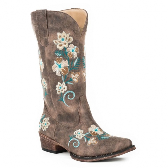 ROPER | WOMEN'S FASHION COWBOY BOOT VINTAGE BROWN FAUX LEATHER WITH ALL OVER FLORAL EMBROIDERY-BROWN