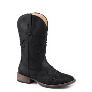 ROPER | WOMEN'S BLACK FAUX LEATHER SQUARE TOE BOOT WITH GLITTER UNDERLAYS-BLACK