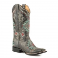 ROPER | WOMEN'S LEATHER COWBOY BOOT WAXY BLACK WITH SOUTHWEST EMBROIDERED DESIGN-BLACK