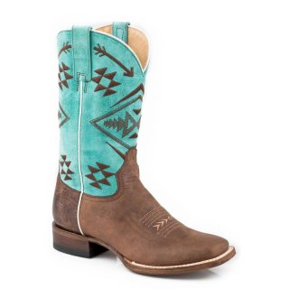 ROPER | WOMEN'S BURNISHED BROWN LEATHER VAMP BOOT WITH NATIVE EMBROIDERED TURQUOISE SHAFT-BROWN