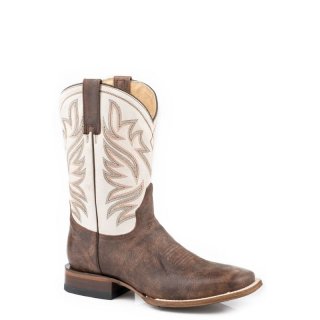 ROPER | MEN'S BURNISHED BROWN LEATHER VAMP SQUARE TOE BOOT WITH CRACKLE WHITE LEATHER SHAFT-BROWN