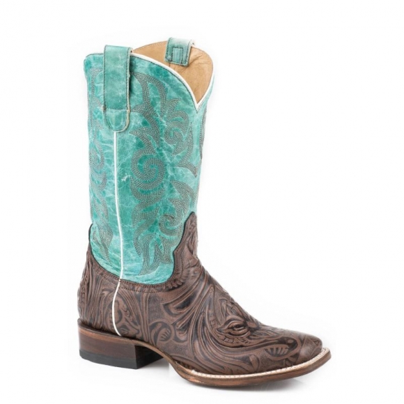 ROPER | WOMEN'S BROWN EMBOSSED FLORAL VAMP BOOT WITH TURQUOISE SHAFT-BROWN