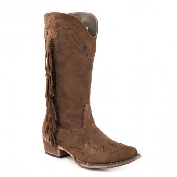 ROPER | WOMEN'S FASHION COWBOY BOOT BROWN FAUX LEATHER WITH SIDE FRINGE AND WING TIP AND CROWN OVERLAY-BROWN