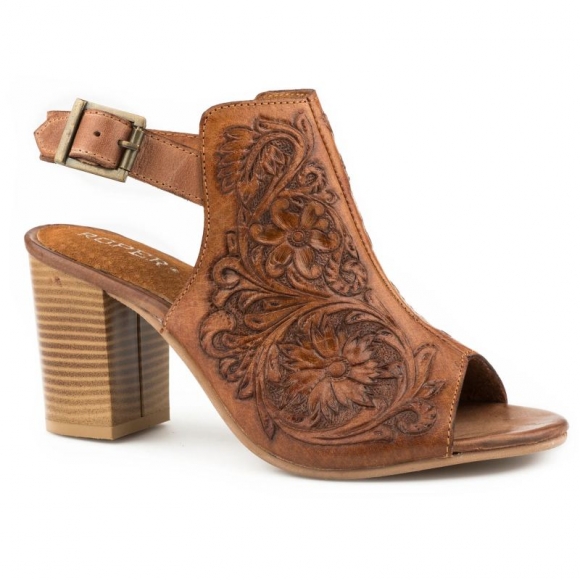 ROPER | WOMEN'S FASHION MULE TAN FLORAL TOOLED LEATHER WITH OPEN TOE AND BACK STRAP-TAN