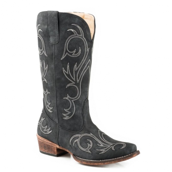 ROPER | WOMEN'S FASHION COWBOY BOOT BLACK FAUX LEATHER AND ALL OVER EMBROIDERY-BLACK