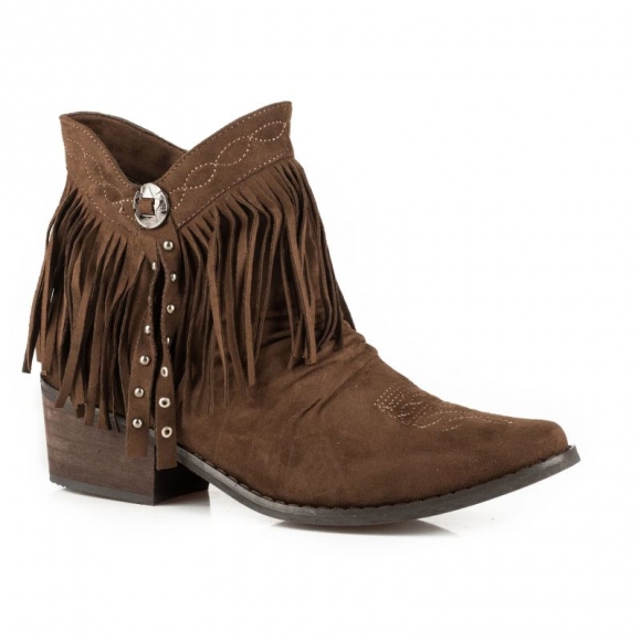 ROPER | WOMEN'S FASHION SHORTY BOOT BROWN SUEDE FAUX LEATHER WITH FRINGE AND CONCHO STUDS-BROWN