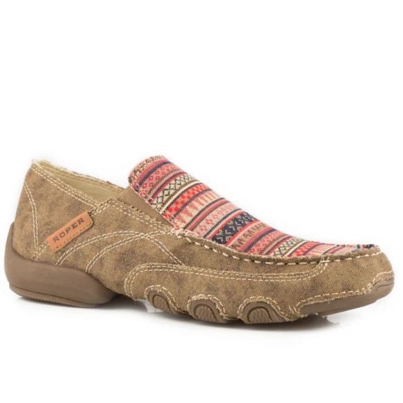 ROPER | WOMEN'S DRIVING MOC WAXY DISTRESSED TAN CANVAS WITH CANVAS WRAPPED SOLE-TAN