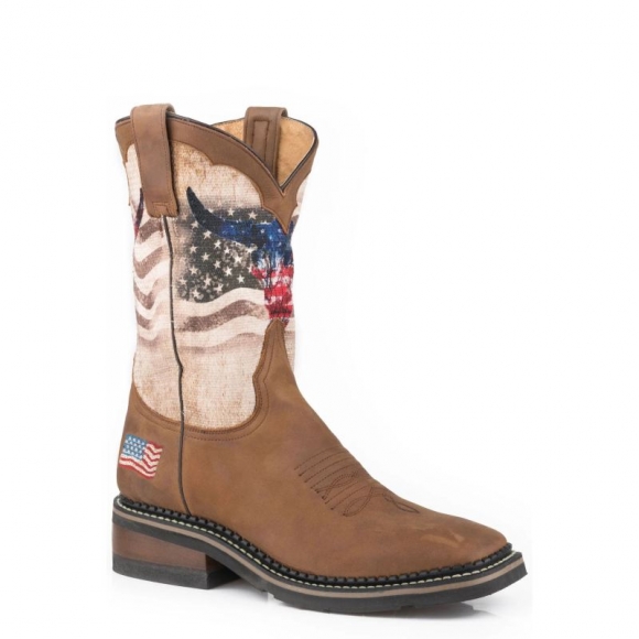 ROPER | MEN'S OILED BROWN LEATHER VAMP AND CROWN SQUARE TOE BOOT WITH AMERICAN FLAG SKULL PRINT ON SHAFT-BROWN