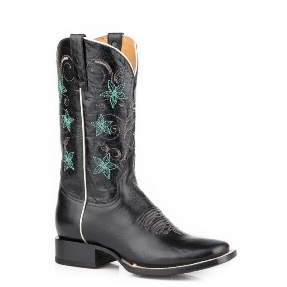 ROPER | WOMEN'S MARBLED BLACK LEATHER VAMP SHAFT BOOT WITH EMBROIDERED FLORAL SHAFT-BLACK