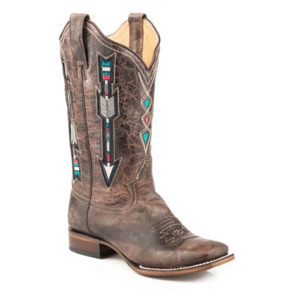 ROPER | WOMEN'S WIDE CALF LEATHER COWBOY BOOT WAXY BROWN WITH EMBROIDERED ARROW UNDERLAY DESIGN-BROWN