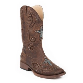 ROPER | WOMEN'S COWBOY BOOT VINTAGE BROWN FAUX LEATHER WITH CRYSTAL AND CROSS UNDERLAY DESIGN-BROWN