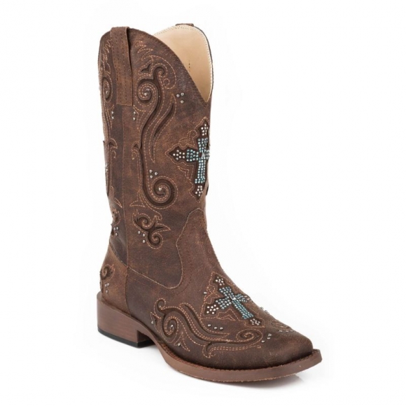 ROPER | WOMEN'S COWBOY BOOT VINTAGE BROWN FAUX LEATHER WITH CRYSTAL AND CROSS UNDERLAY DESIGN-BROWN