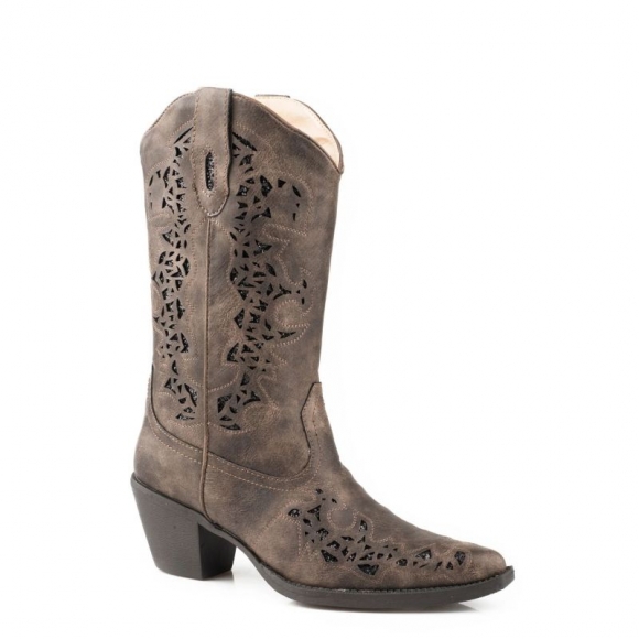 ROPER | WOMEN'S FASHION COWBOY BOOT BROWN FAUX LEATHER WITH METALLIC UNDERLAY-BROWN