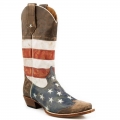 ROPER | MEN'S LEATHER COWBOY BOOT AMERICAN FLAG DISTRESSED BROWN WITH RED WHITE AND BLUE SNIP-BROWN