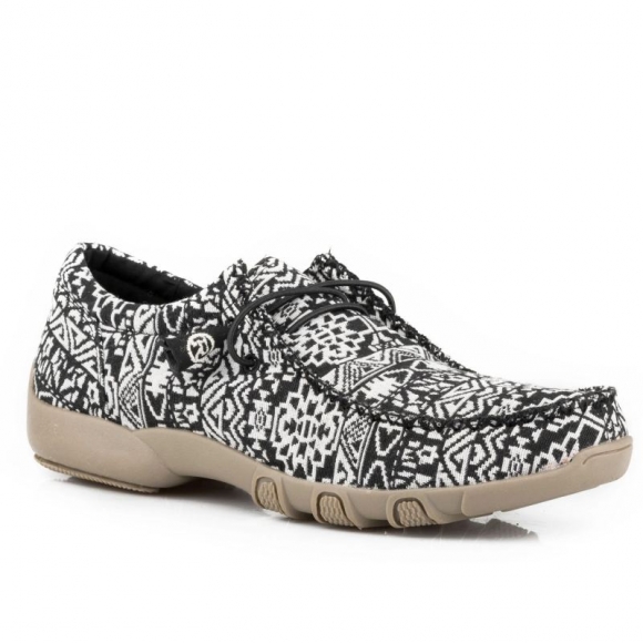 ROPER | WOMEN'S BLACK WHITE AZTEC CANVAS CHUKKA WITH TWO EYELETS ELASTIC LACES-BLAC