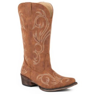 ROPER | WOMEN'S FASHION COWBOY BOOT COGNAC FAUX LEATHER WITH ALL OVER EMBROIDERY-TAN