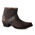 ROPER | WOMEN'S LEATHER ANKLE BOOT OILED BROWN WITH NATIVE EMBOIDERED HARNESS AND HEEL COUNTER-BROWN