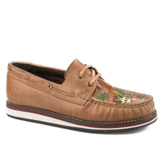 ROPER | WOMEN'S LACE UP MOCCASIN BROWN BURNISHED LEATHER WITH PAINTED HANDTOOLED VAMP DESERT SCENE-BROWN