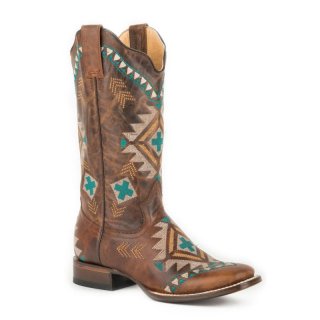 ROPER | WOMEN'S LEATHER COWBOY BOOT BURNISHED TAN WITH ALL OVER SOUTHWEST EMBROIDERY-TAN