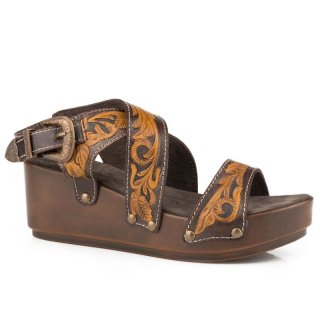 ROPER | WOMEN'S BROWN TAN TOOLED CROSS BAND STRAP WEDGE SANDAL-BROWN