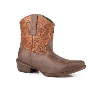 ROPER | WOMEN'S BROWN VAMP WITH TOOLED SHAFT LEATHER SHORTY-BROWN