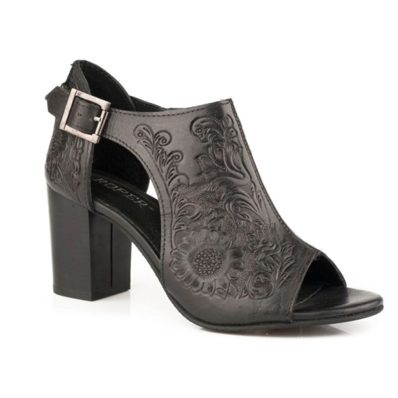 ROPER | WOMEN'S BLACK FLORAL TOOLED LEATHER FASHION OPEN TOE SANDAL-BLACK