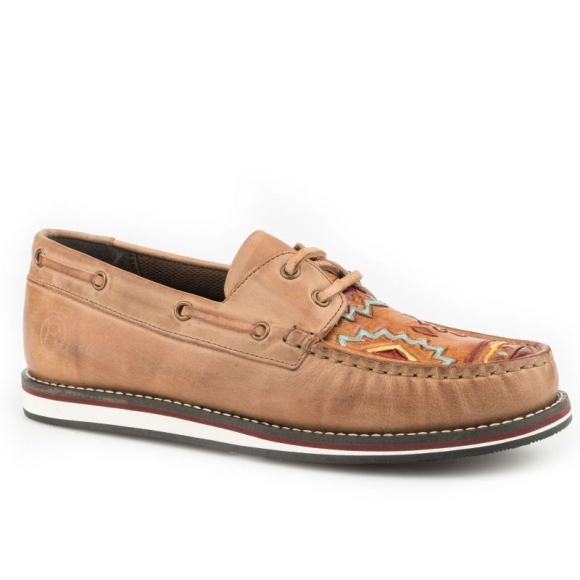 ROPER | WOMEN'S LACE UP MOCCASIN TAN BURNISHED LEATHER WITH HANDTOOLED AZTEC VAMP-TAN