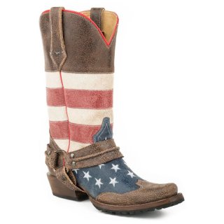 ROPER | MEN'S LEATHER AMERICAN FLAG HARNESS BOOT UNIQUELY DISTRESSED LEATHER WITH LUG SOLE-BROWN