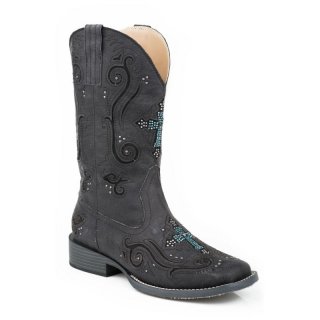 ROPER | WOMEN'S COWBOY BOOT VINTAGE BLACK FAUX LEATHER WITH CRYSTAL AND CROSS UNDERLAY DESIGN-BLACK