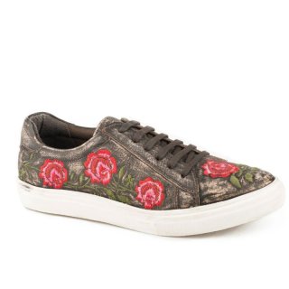 ROPER | WOMEN'S ATHLETIC LACE UP BROWN SANDED VINTAGE LEATHER ROSE EMBROIDERY-BROWN