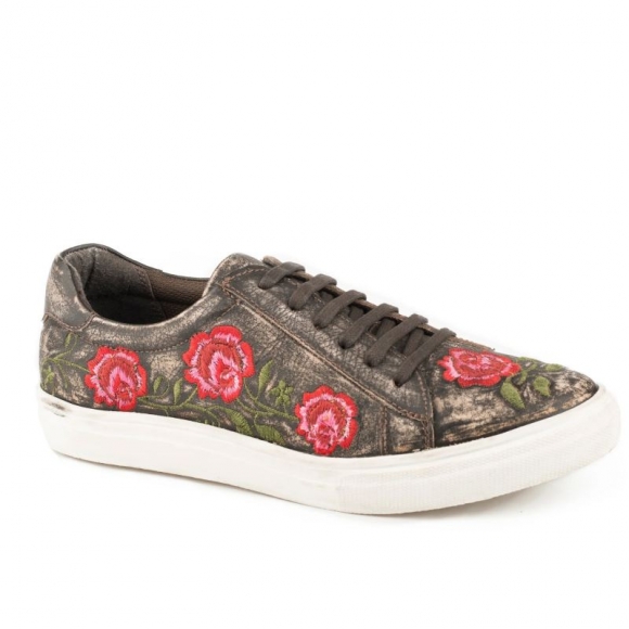 ROPER | WOMEN'S ATHLETIC LACE UP BROWN SANDED VINTAGE LEATHER ROSE EMBROIDERY-BROWN