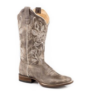 ROPER | WOMEN'S VINTAGE BROWN LEATHER VAMP SHAFT FLEXTRA BOOT WITH FLORAL EMBROIDERY ON SHAFT-BROWN