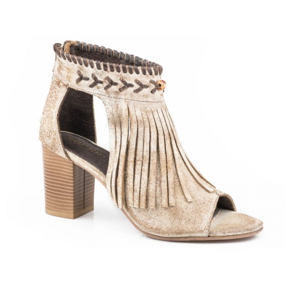 ROPER | WOMEN'S VINTAGE BEIGE SUEDE WITH FRINGE FASHION OPEN TOE SANDAL-TAN