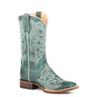 ROPER | WOMEN'S VINTAGE TURQUOISE LEATHER VAMP SHAFT BOOT WITH ALL OVER EMBROIDERY-BLUE