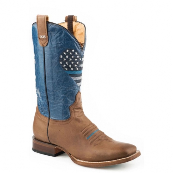 ROPER | WOMEN'S CONCEALED CARRY LEATHER COWBOY BOOT BURNISHED BROWN VAMP MARBLED BLUE UPPER WITH THIN BLUE LINE EMBROIDERY-BROWN