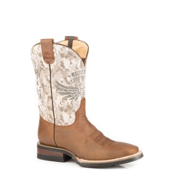 ROPER | MEN'S BURNISHED TAN LEATHER VAMP SQUARE TOE BOOTH WITH CAMO PRINT ON SHAFT-CONCEALED CARRY SYSTEM-TAN