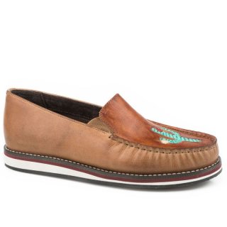 ROPER | WOMEN'S SLIP ON MOCCASIN TAN BURNISHED LEATHER WITH HANDTOOLED CACTUS VAMP-TAN