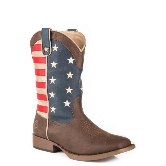 ROPER | MEN'S COWBOY BOOT FAUX BROWN LEATHER VAMP WITH AMERICAN FLAG UPPER-BROWN